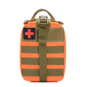 Front view of orange tactical medical pouch with MOLLE system and cross velcro patch