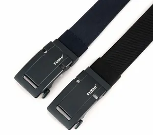 Detailed close-up of tactical nylon belts with matte alloy automatic buckles in black and navy