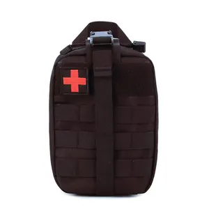 Close-up of black tactical medical pouch with red cross symbol and MOLLE straps webbing