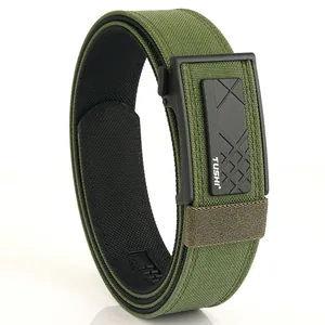 Army green double-layered tactical nylon belt with black automatic buckle for men