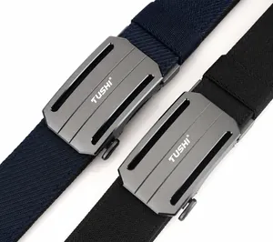 Close-up of tactical nylon belts with aluminum alloy buckles in navy and black