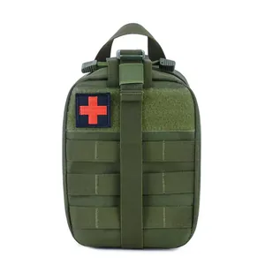 Olive green tactical medical bag with MOLLE webbing and red cross patch on white background