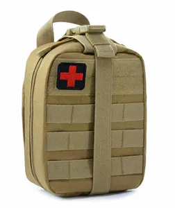 Micro-side view of a khaki tactical first aid kit with MOLLE webbing and cross patch