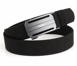 Detail of aircraft-grade aluminum alloy buckle on black nylon tactical outdoor belt