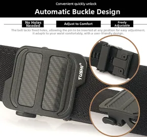 Macro detail of men's black nylon tactical belt with automatic carbon fiber buckle