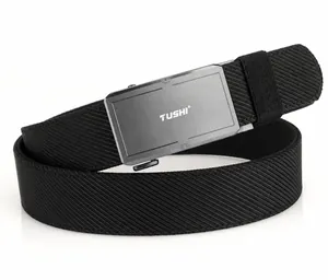 Detail of aviation aluminum automatic buckle with tactical nylon canvas belt webbing