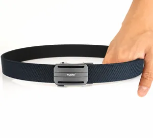Close-up of durable navy woven tactical belt showing flexible nylon material and toughness