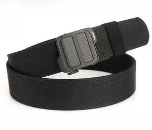 Detail of ergonomic zinc alloy quick-release buckle on heavy duty nylon tactical belt