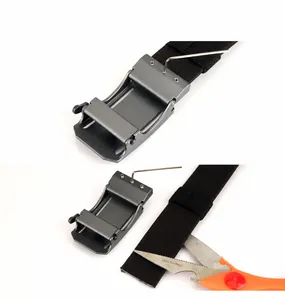 Detail of aircraft aluminum buckle with adjustable nylon strap cutting instruction