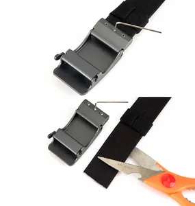 Detail showing the adjustable aviation aluminum automatic buckle and nylon belt length system