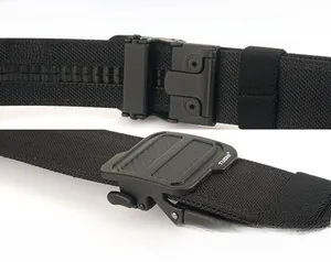 Close-up of tactical nylon belt with metal quick-release buckle and weave texture