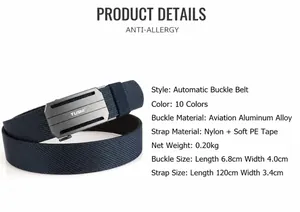 Detail of navy blue nylon tactical belt featuring a premium aviation aluminum buckle