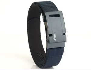 Macro detail of navy blue nylon woven belt with a matte grey alloy automatic buckle