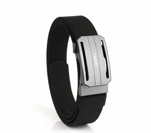 Detailed view of the dark grey matte aluminum alloy buckle and black woven nylon belt texture