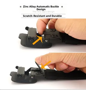 Macro detail of zinc alloy automatic buckle mechanism on heavy duty tactical belt