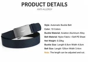 Detail view of nylon belt with aviation aluminum automatic buckle and size specifications