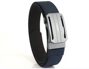 Detailed macro view of the navy blue nylon tactical belt with a matte metal buckle