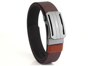 Close-up of brown nylon tactical belt with a gray alloy automatic metal buckle