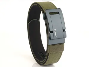 Detail of army green tactical nylon belt with black aluminum automatic buckle mechanism