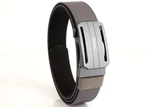 Detail of nylon tactical belt featuring aluminum automatic buckle and TUSHI logo