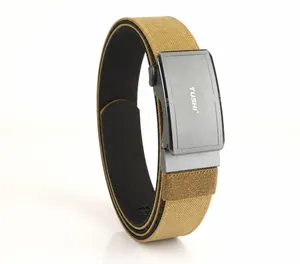 Close-up of khaki nylon canvas belt with gray aviation aluminum alloy automatic buckle