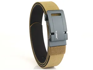 Detailed close-up of khaki nylon tactical belt featuring a matte metal automatic buckle
