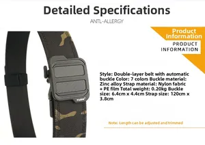 Detailed specs of nylon tactical belt with zinc alloy buckle and adjustable camo strap