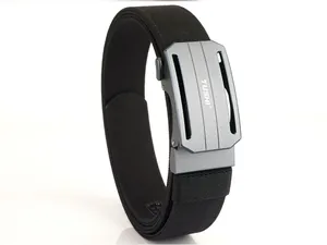 Detail of matte gray alloy buckle with TUSHI logo on black woven tactical nylon belt