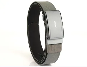 Close-up of aviation aluminum alloy automatic buckle on gray woven nylon tactical belt