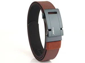 Close-up of brown nylon tactical belt with dark grey alloy automatic buckle and Tushi logo