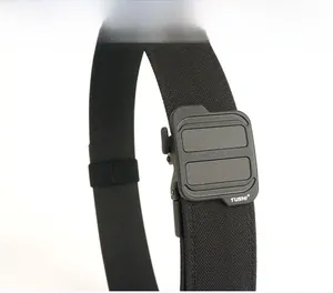 Close-up of black tactical belt with durable nylon webbing and quick-release buckle