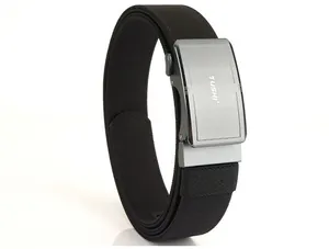 Close-up of tactical nylon belt with matte grey aluminum alloy automatic buckle and logo