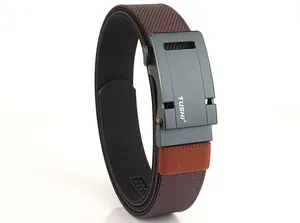 Close-up of brown nylon tactical belt with matte grey automatic alloy buckle and stitching