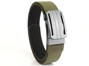 Close-up of military green nylon tactical belt with matte grey alloy automatic buckle