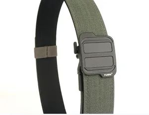 Detail of army green nylon tactical belt with carbon fiber texture buckle and logo