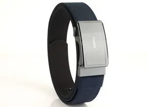 Close-up of navy blue nylon belt with brushed silver automatic metal buckle