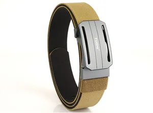 Detailed view of khaki tactical nylon belt texture and matte grey automatic alloy buckle