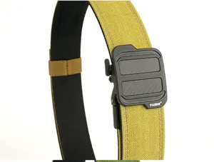 Close-up of tactical nylon belt with durable composite buckle and woven texture details