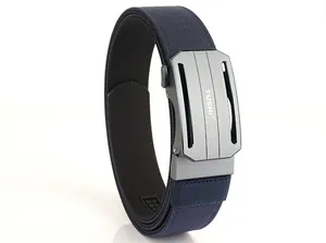 Detail of navy nylon tactical belt with matte grey alloy automatic buckle for outdoor use