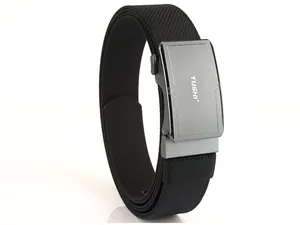 Close-up of tactical nylon web belt with automatic matte alloy buckle and TUSHI logo