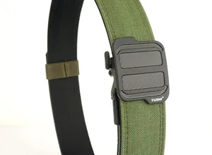 Detail shot of the army green tactical nylon belt with black carbon fiber buckle design