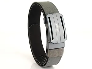 Detail shot of army green nylon tactical belt with a matte grey alloy buckle and Tushi logo