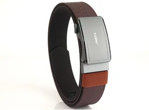 Macro detail of dark brown woven nylon belt with matte grey automatic metal buckle