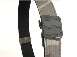 Detail of tactical camouflage nylon belt featuring a matte buckle with carbon fiber texture