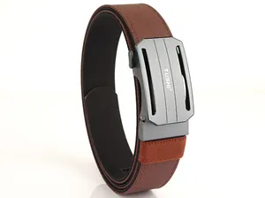 Detail of a brown nylon tactical belt with a gray alloy automatic buckle on a white background