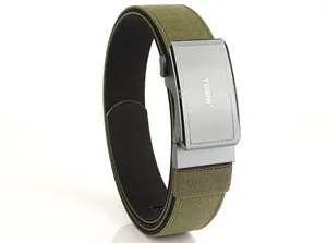 Close-up of military green nylon web belt with automatic alloy buckle and TUSHI logo