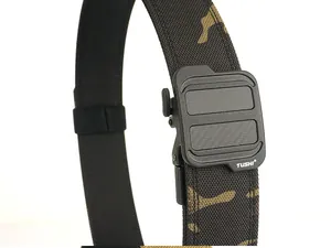 Macro view of tactical nylon belt with brown camo pattern and carbon fiber buckle