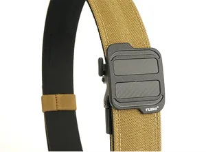 Tactical belt detail with carbon fiber buckle and high-density double-layer nylon strap