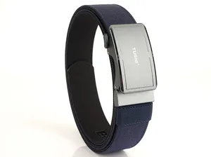 Detailed close-up of navy blue nylon webbing belt with matte grey automatic buckle