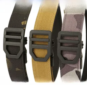 Close-up of tactical nylon belts in black camouflage, khaki, and grey with zinc alloy buckles